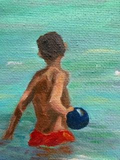 Le Ballon Bleu : peinture à l'huile contemporaine sur toile représentant une scène de plage, signée 2025