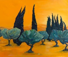 Paesaggio provenzale, olio surreale su tela, firmato, 21° secolo