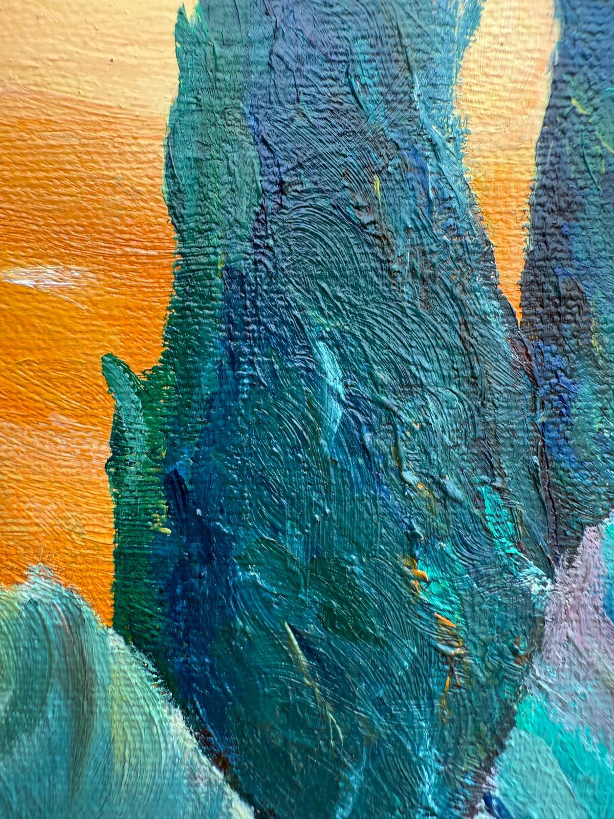 Zeitgenössische provenzalische Landschaft mit Zypressen und Olivenbäumen in Öl auf Leinwand der niederländischen Künstlerin Bernadette Van Baarsen.  Signiert unten rechts.

Dieses Kunstwerk fängt eine surreale Landschaft ein, die ein faszinierendes