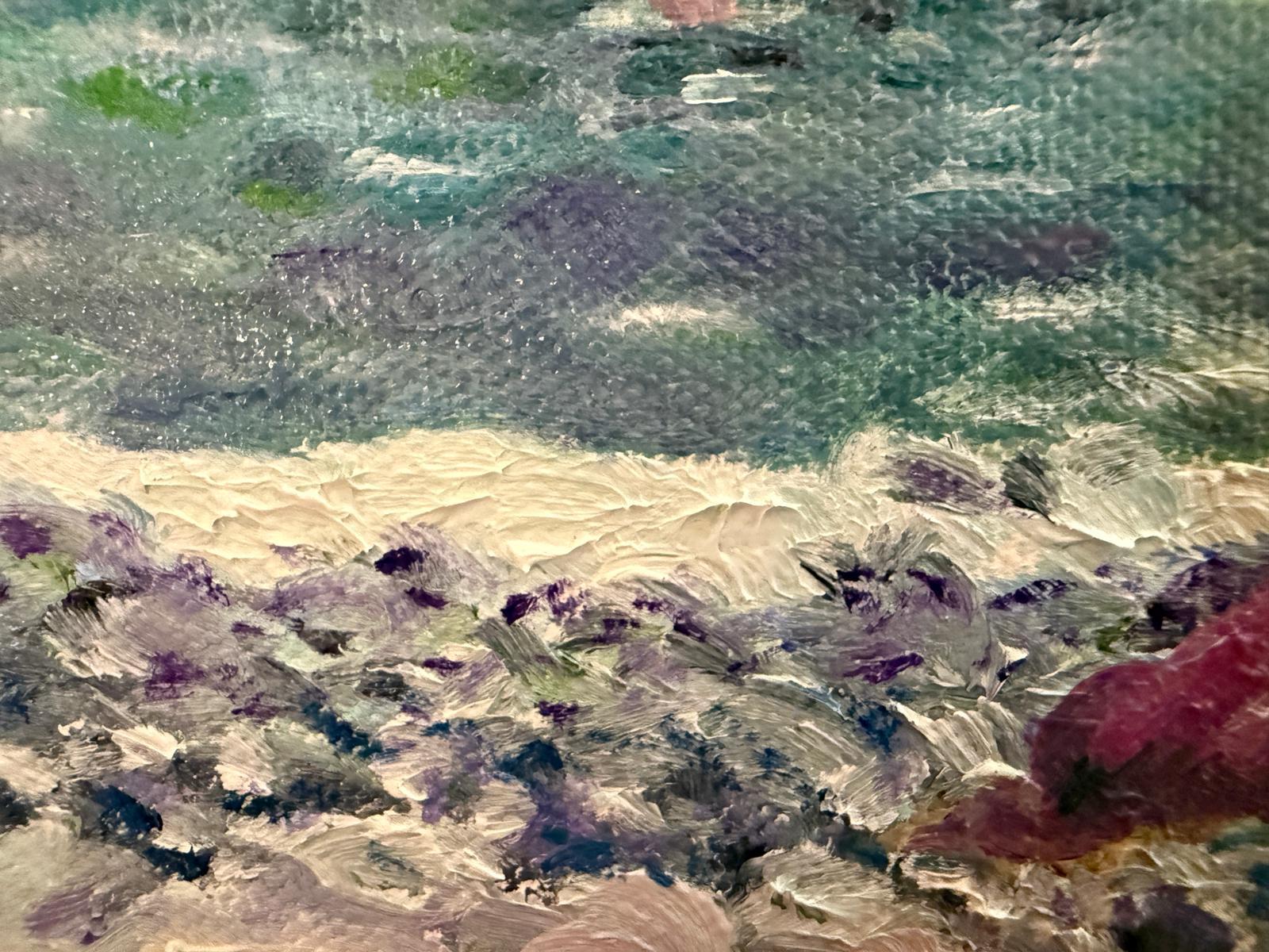 Turquoise and violet Beach Scene. Côte d'Azur, France. Oil on Canvas. For Sale 6