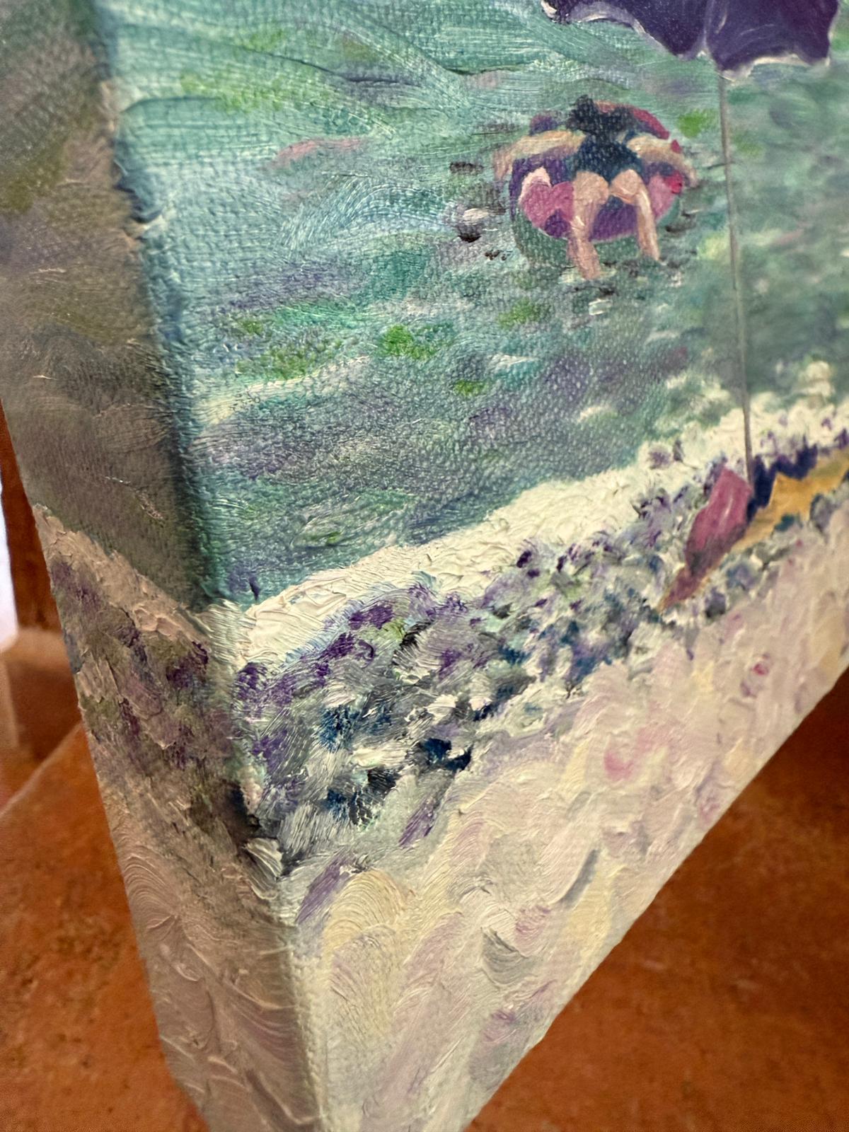 Turquoise and violet Beach Scene. Côte d'Azur, France. Oil on Canvas. For Sale 7