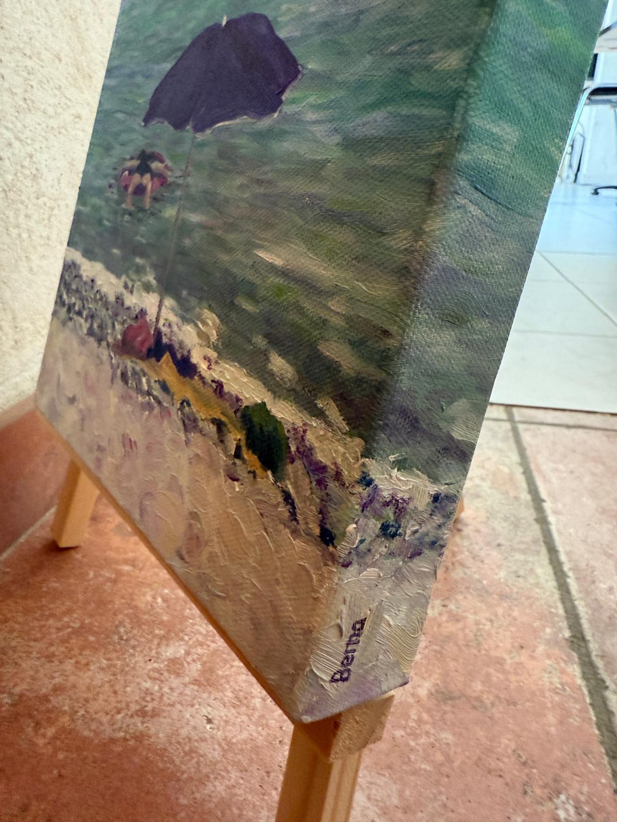 Turquoise and violet Beach Scene. Côte d'Azur, France. Oil on Canvas. For Sale 8