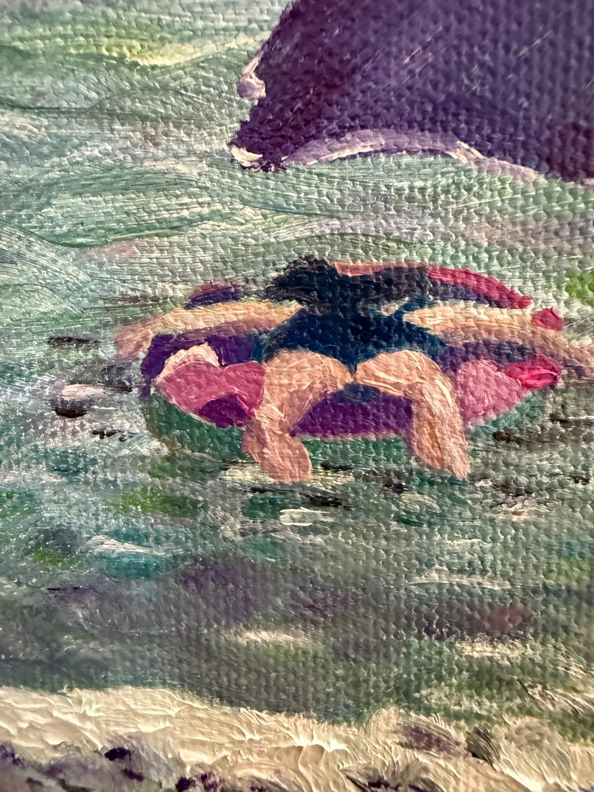 Turquoise and violet Beach Scene. Côte d'Azur, France. Oil on Canvas. - Painting by Bernadette van Baarsen 