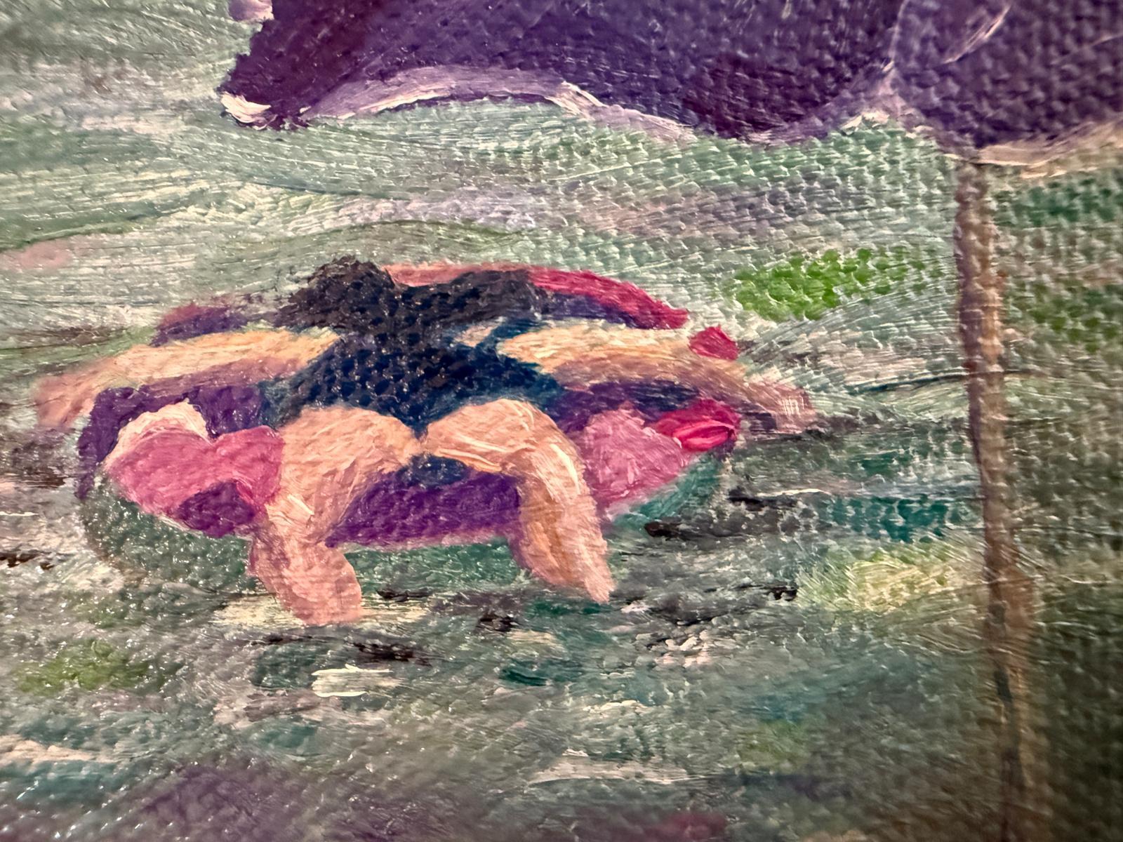 Turquoise and violet Beach Scene. Côte d'Azur, France. Oil on Canvas. - Other Art Style Painting by Bernadette van Baarsen 