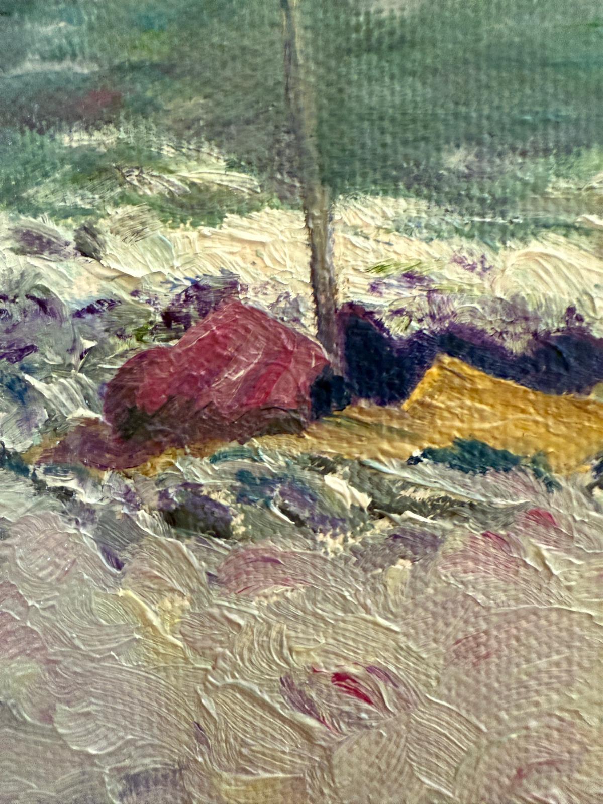 Contemporary Provençal  beach scene in oil on canvas by Dutch artist Bernadette Van Baarsen.  Signed to the right side of the chassis.

This artwork captures a serene beach scene with striking simplicity and depth. A solitary, rich purple umbrella