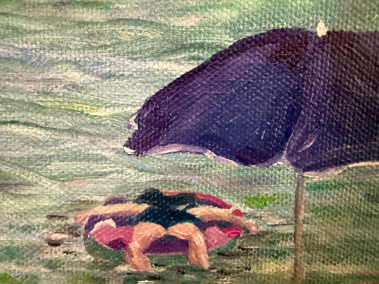 Turquoise and violet Beach Scene. Côte d'Azur, France. Oil on Canvas. For Sale 1