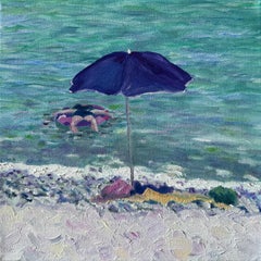 Turquoise and violet Beach Scene. Côte d'Azur, France. Oil on Canvas.