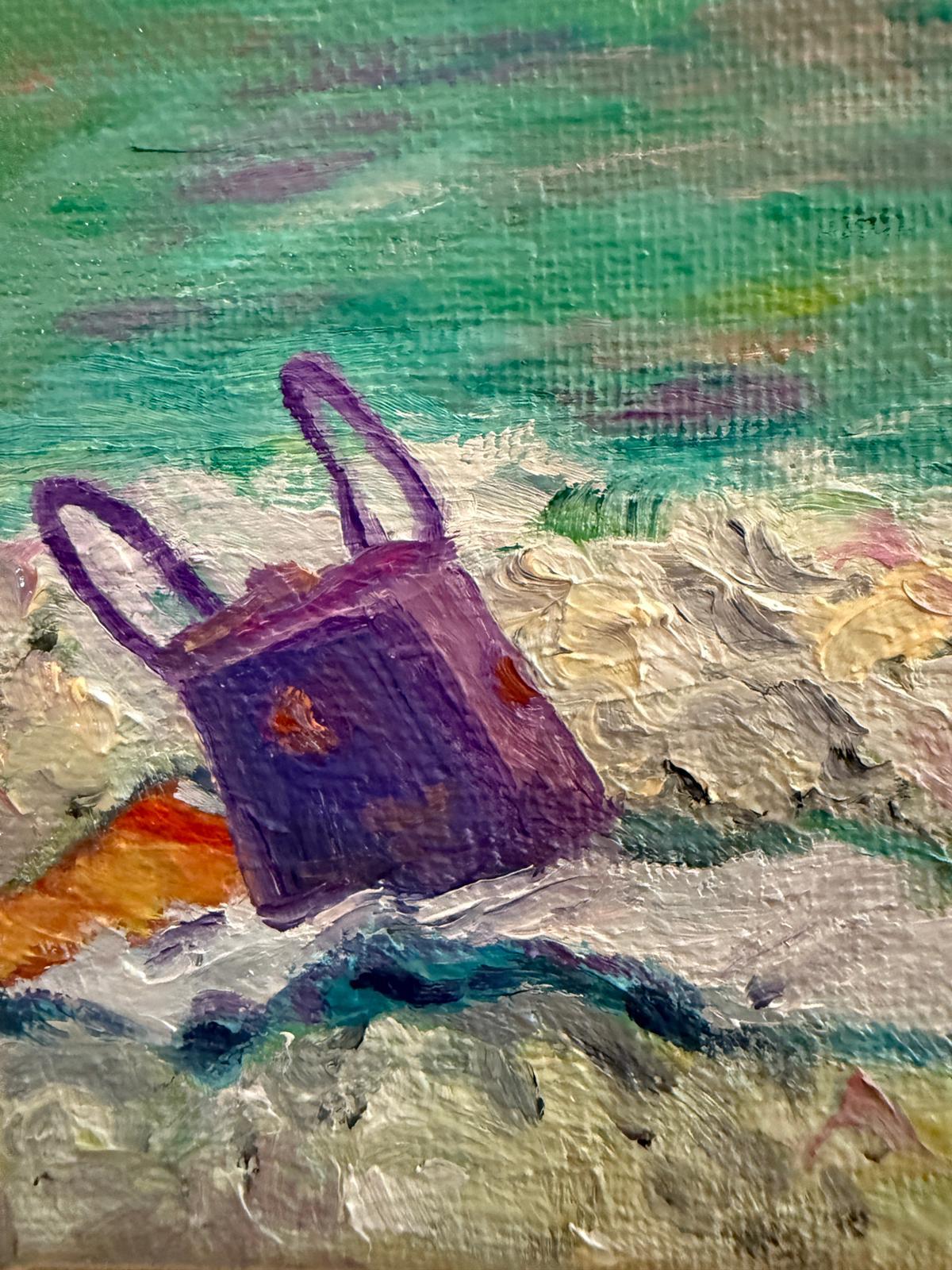 Scène de plage provençale turquoise et violette.  Le sac à provisions