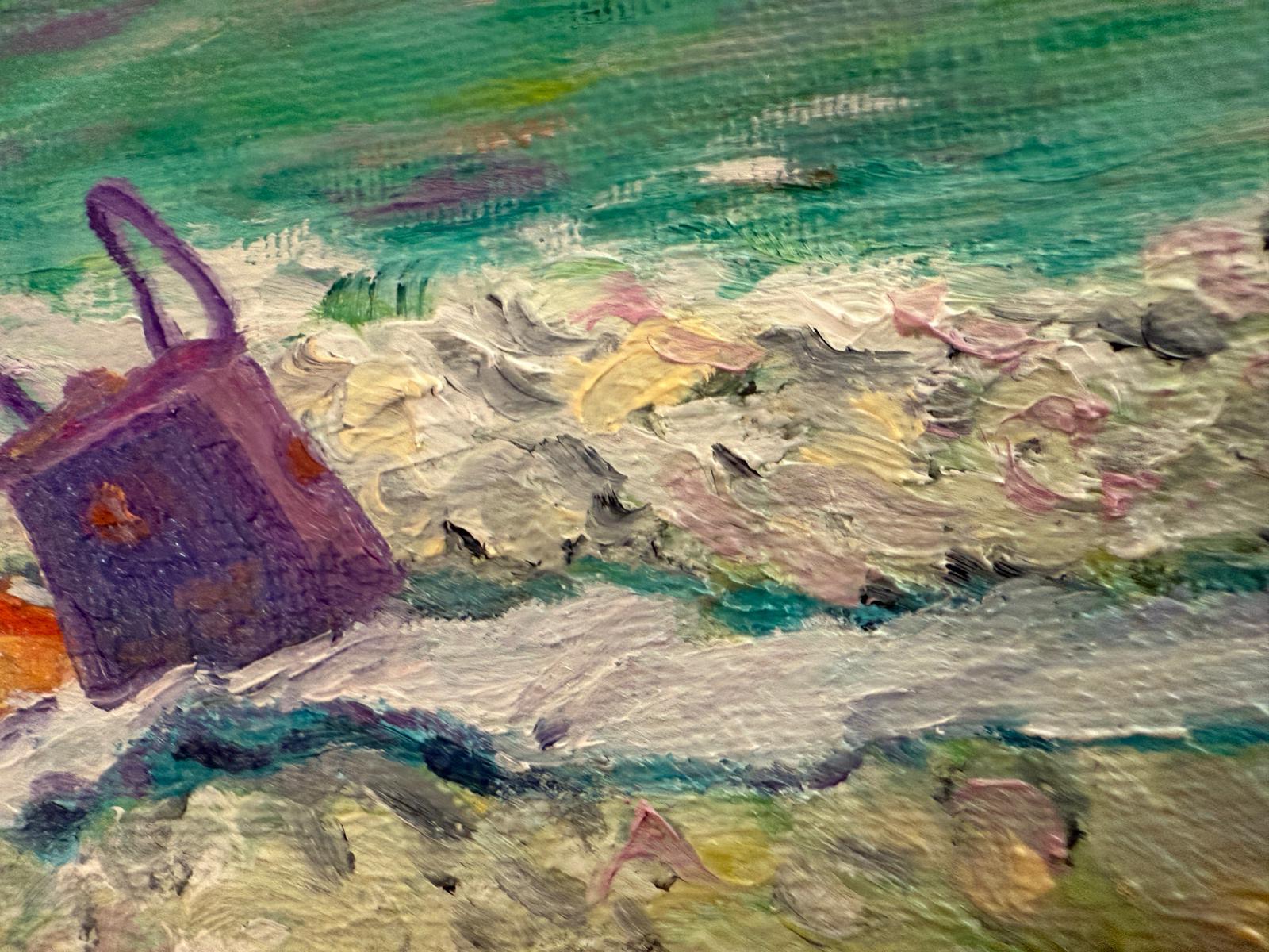 Scène de plage provençale turquoise et violette.  Le sac à provisions