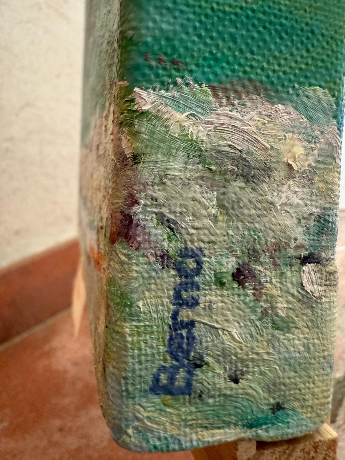 Scène de plage provençale turquoise et violette.  Le sac à provisions