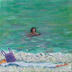 Scène de plage provençale turquoise et violette.  Le sac à provisions". Huile sur toile.