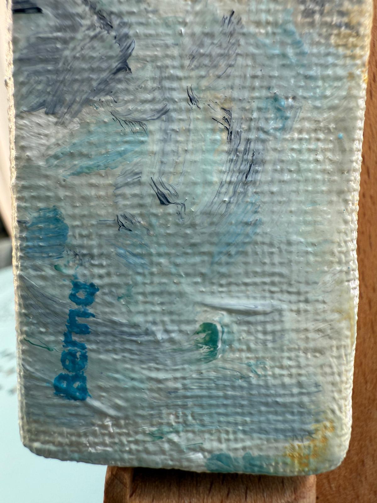 Scène de plage provençale turquoise et jaune. Huile sur toile. Le Parasol Jaune. en vente 5
