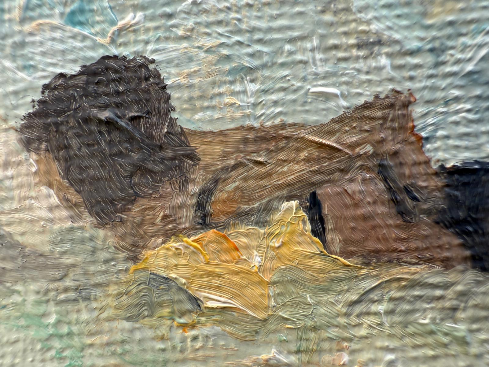 Scène de plage provençale turquoise et jaune. Huile sur toile. Le Parasol Jaune. - Painting de Bernadette van Baarsen 