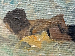 Escena de playa provenzal turquesa y amarilla. Óleo sobre lienzo. El Parasol Amarillo.