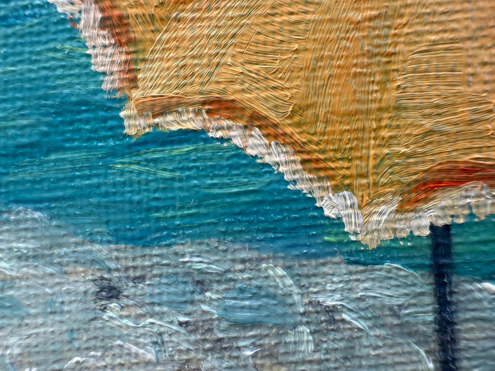 Scène de plage provençale turquoise et jaune. Huile sur toile. Le Parasol Jaune. - Autres styles artistiques Painting par Bernadette van Baarsen 