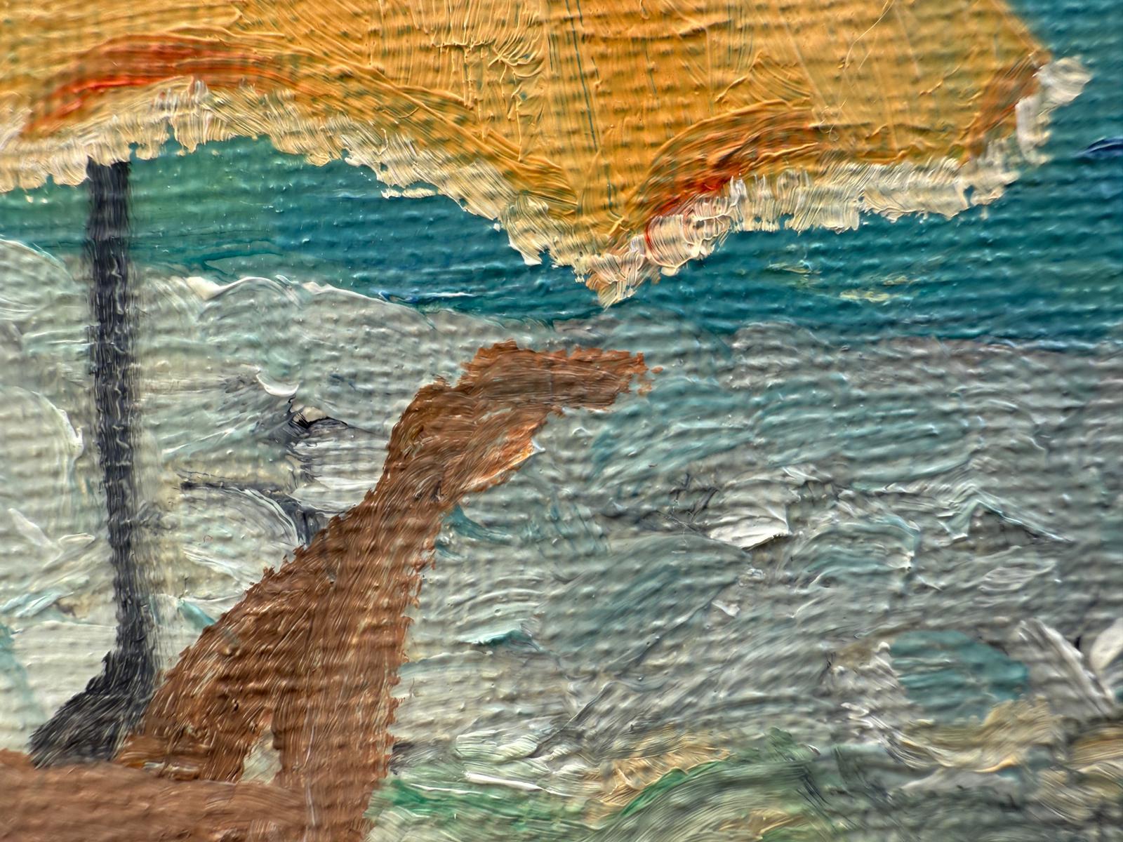Scène de plage provençale turquoise et jaune. Huile sur toile. Le Parasol Jaune. - Vert Figurative Painting par Bernadette van Baarsen 