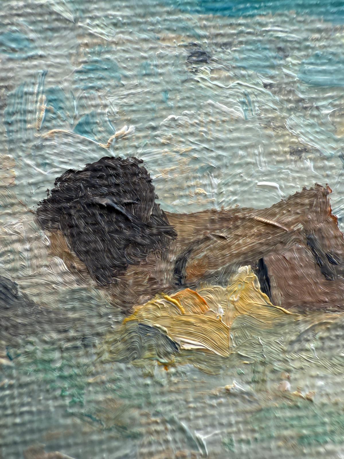Scène de plage provençale contemporaine en turquoise et jaune à l'huile sur toile par l'artiste néerlandaise Bernadette Van Baarsen. Signé sur le côté droit du châssis.

Cette œuvre d'art représente une scène de plage paisible, capturant l'essence
