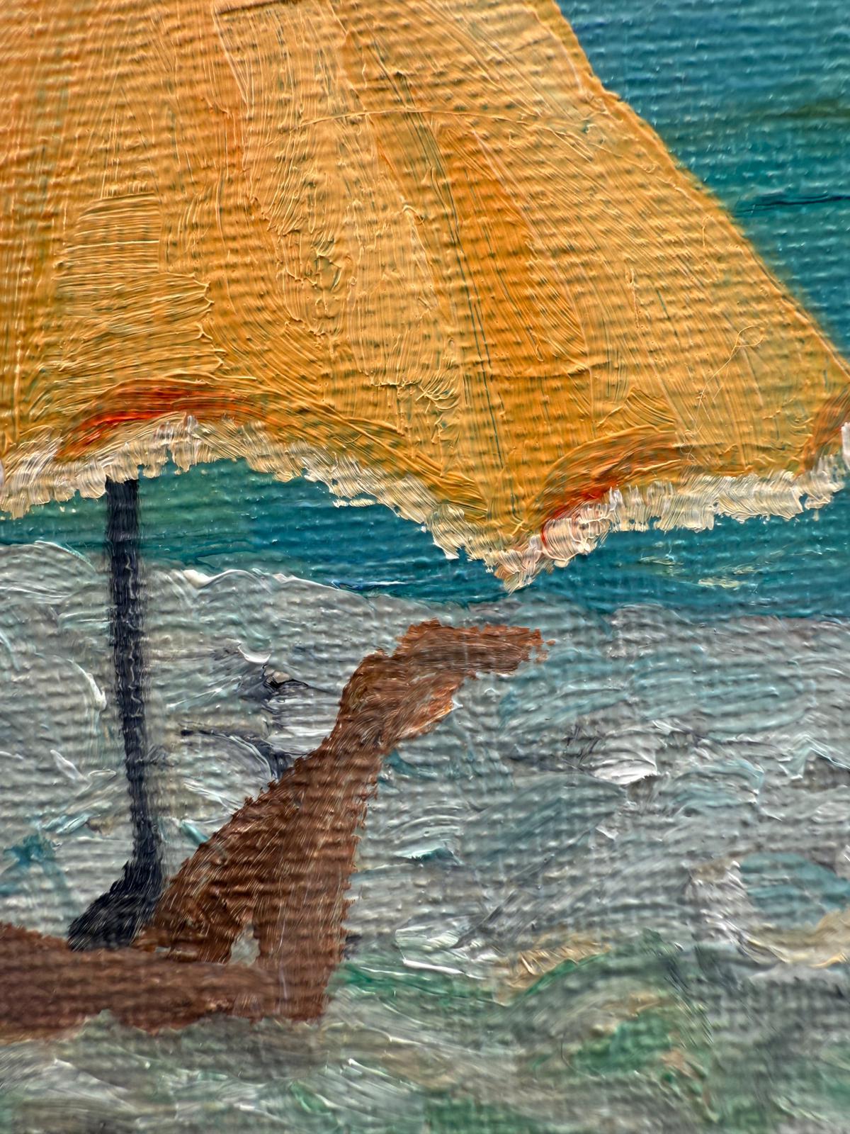 Scène de plage provençale turquoise et jaune. Huile sur toile. Le Parasol Jaune. en vente 1