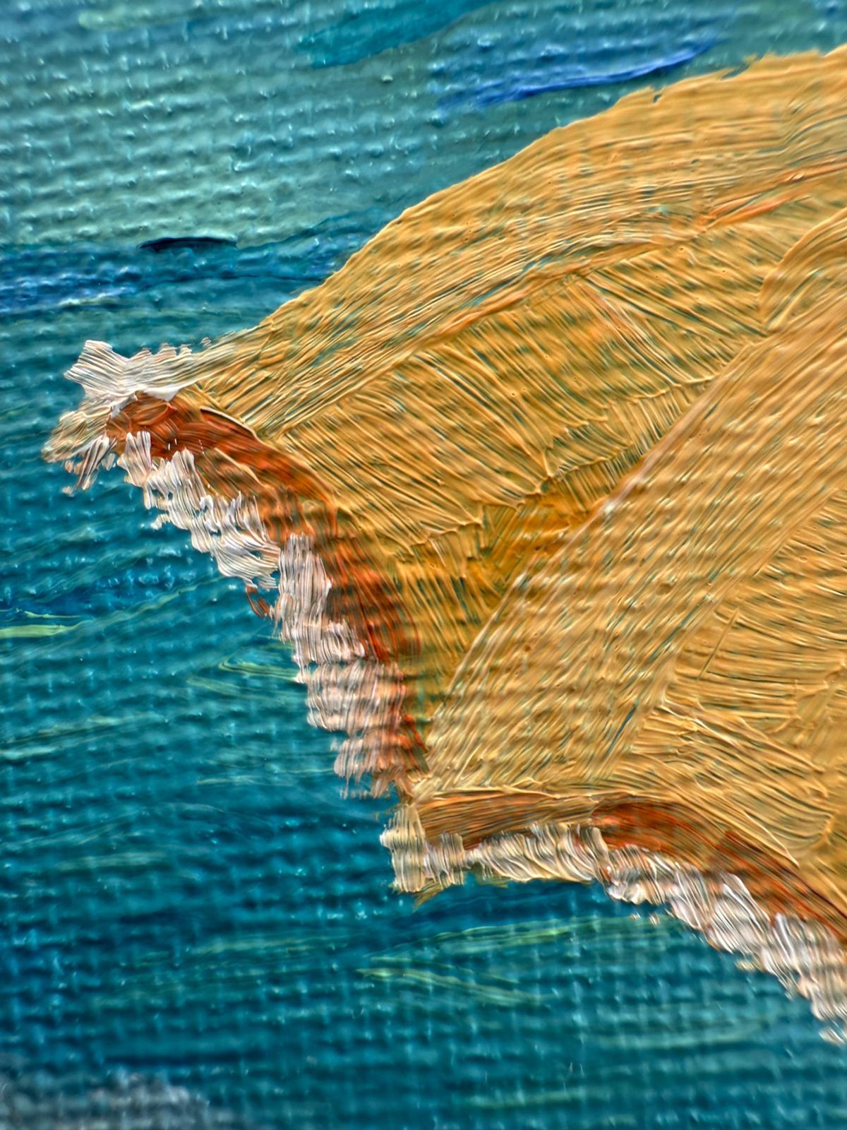 Scène de plage provençale turquoise et jaune. Huile sur toile. Le Parasol Jaune. en vente 2