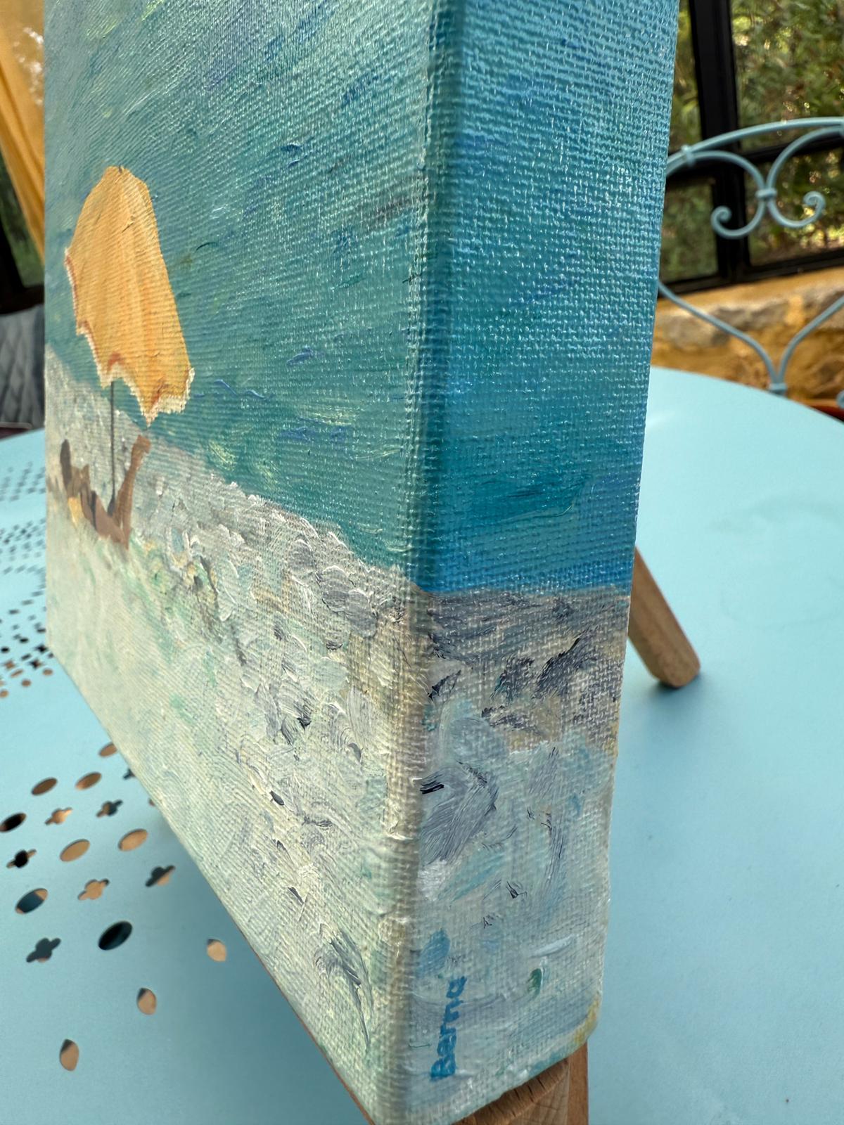 Scène de plage provençale turquoise et jaune. Huile sur toile. Le Parasol Jaune. en vente 3