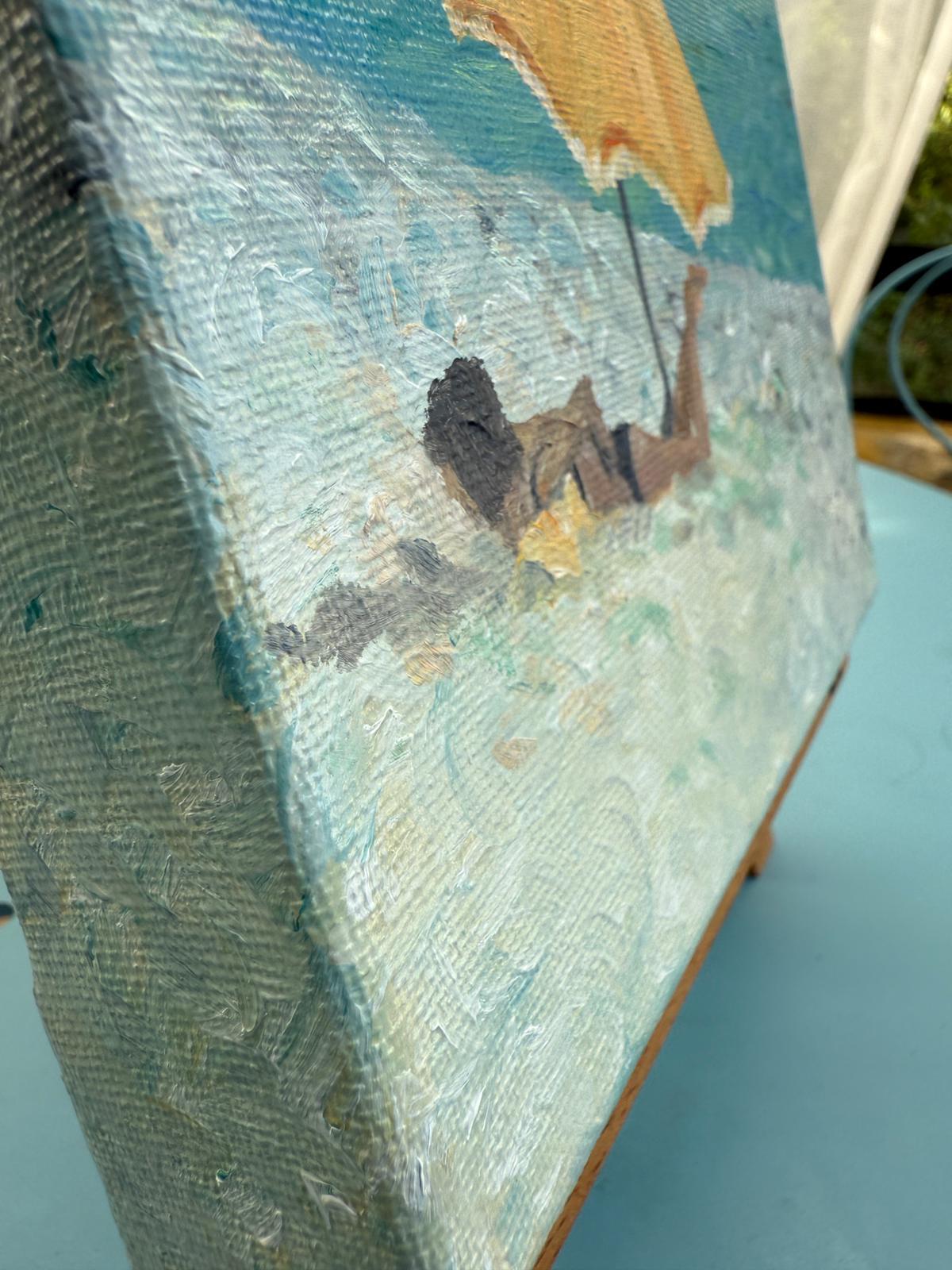 Scène de plage provençale turquoise et jaune. Huile sur toile. Le Parasol Jaune. en vente 4
