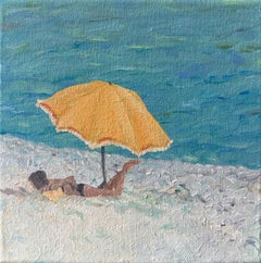 Scène de plage provençale turquoise et jaune. Huile sur toile. Le Parasol Jaune.