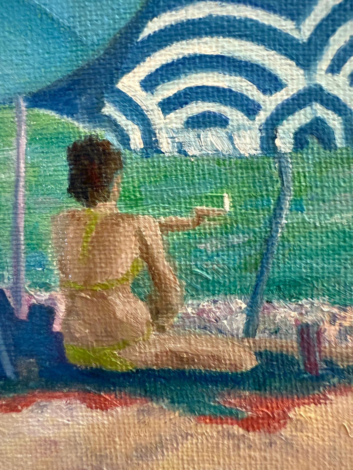Türkisfarbene, blau-weiße provenzalische Strandszene. 'La Sigarette'. – Painting von Bernadette van Baarsen 