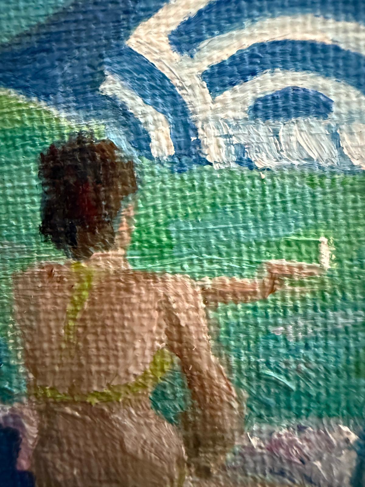 Türkisfarbene, blau-weiße provenzalische Strandszene. 'La Sigarette'. (Grau), Landscape Painting, von Bernadette van Baarsen 