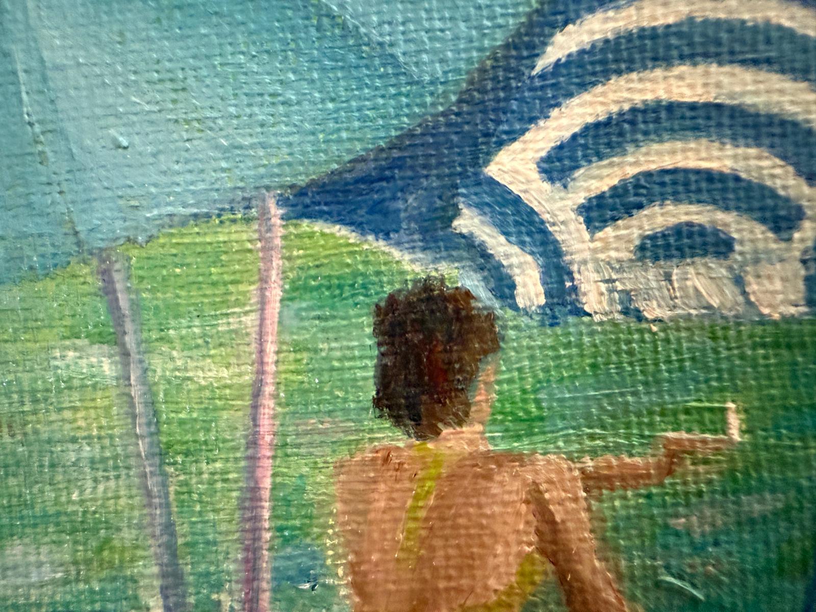 Türkisfarbene, blau-weiße provenzalische Strandszene. 'La Sigarette'. im Angebot 1