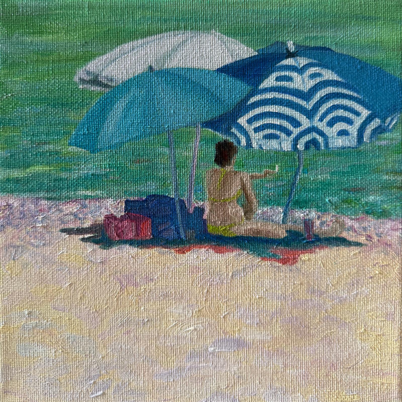 Bernadette van Baarsen  Landscape Painting – Türkisfarbene, blau-weiße provenzalische Strandszene. 'La Sigarette'.