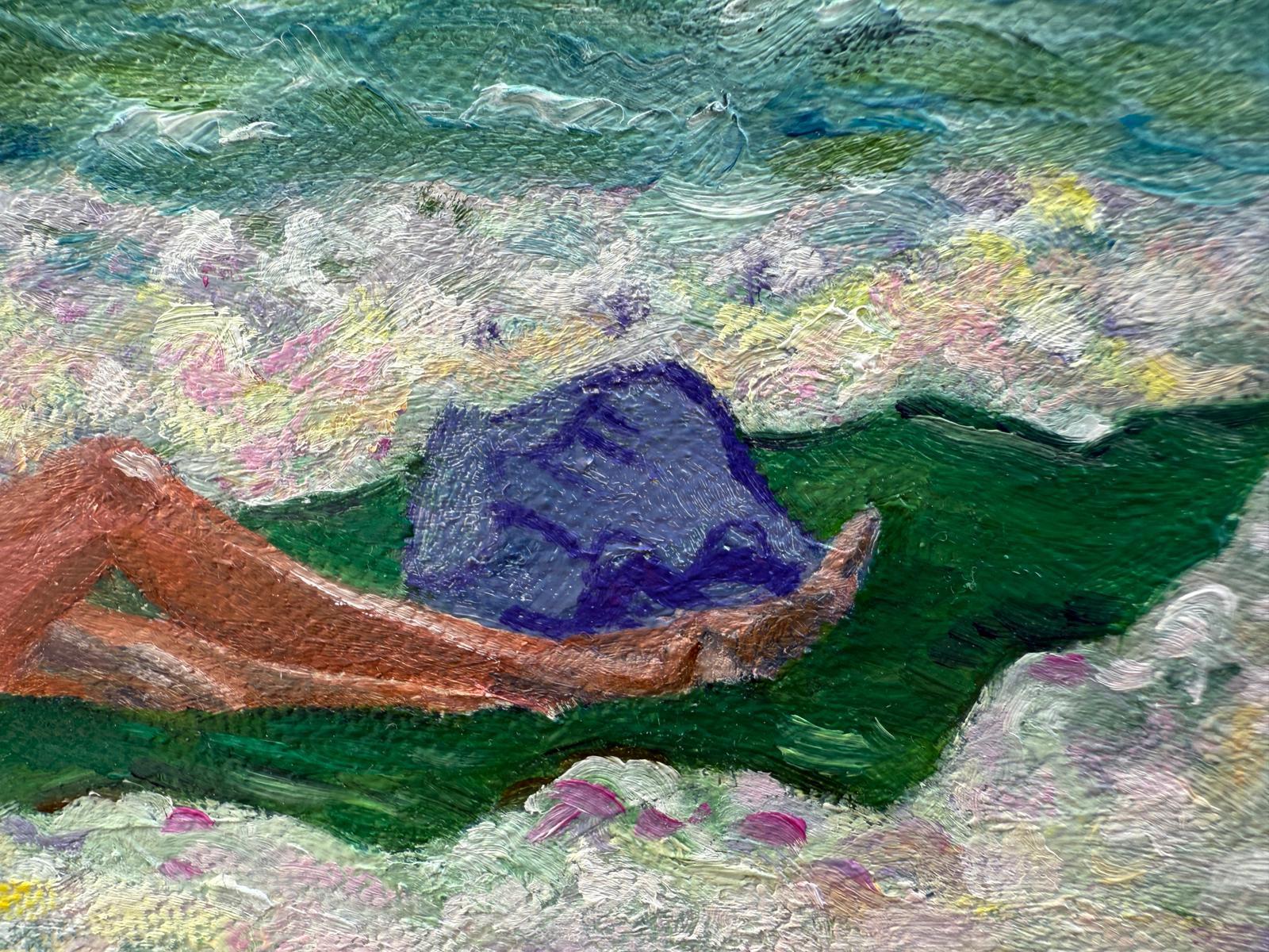 Scène de plage provençale turquoise et blanche à l'huile sur toile. Dame en Violet