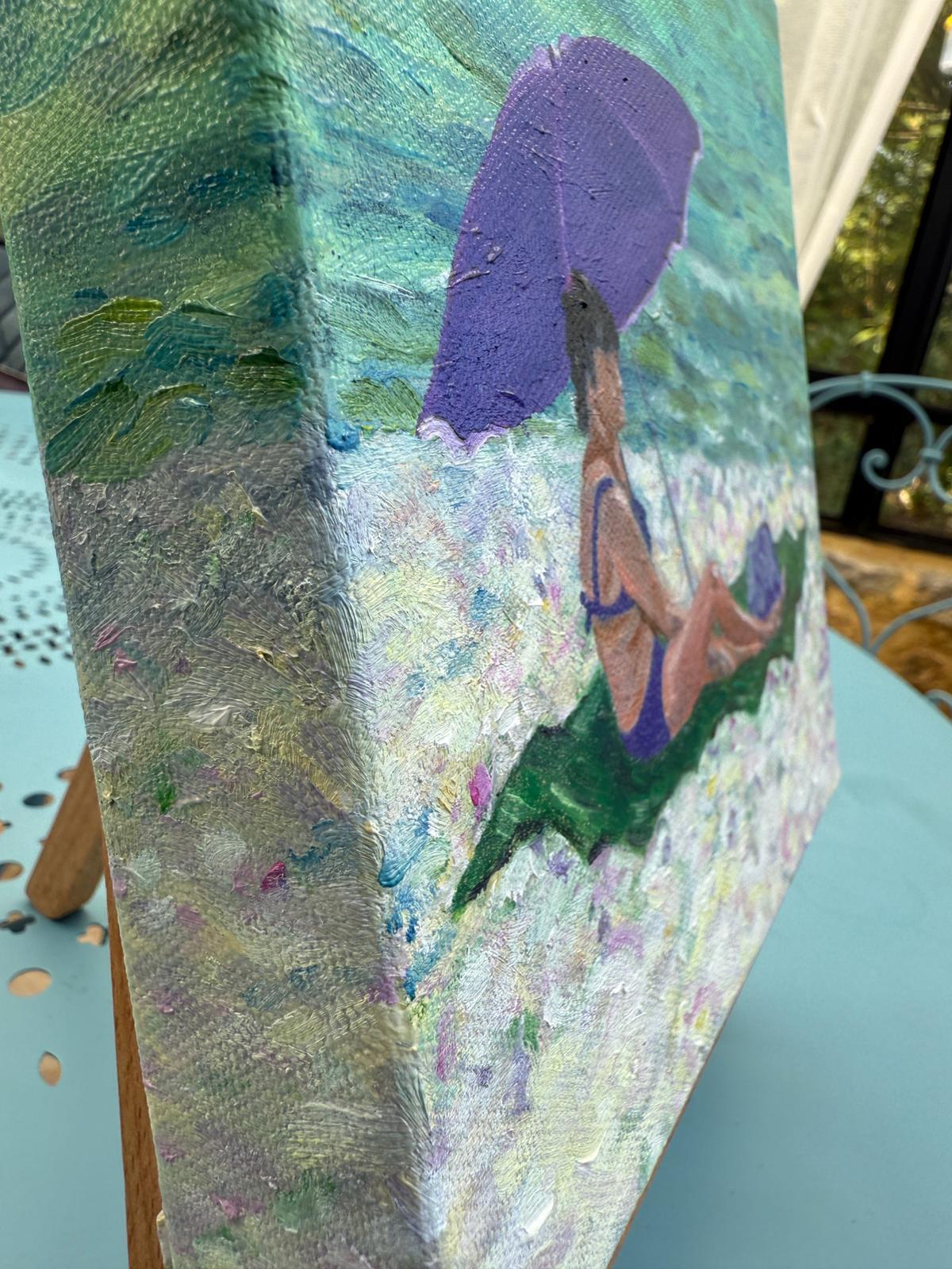 Scène de plage provençale turquoise et blanche à l'huile sur toile. Dame en Violet