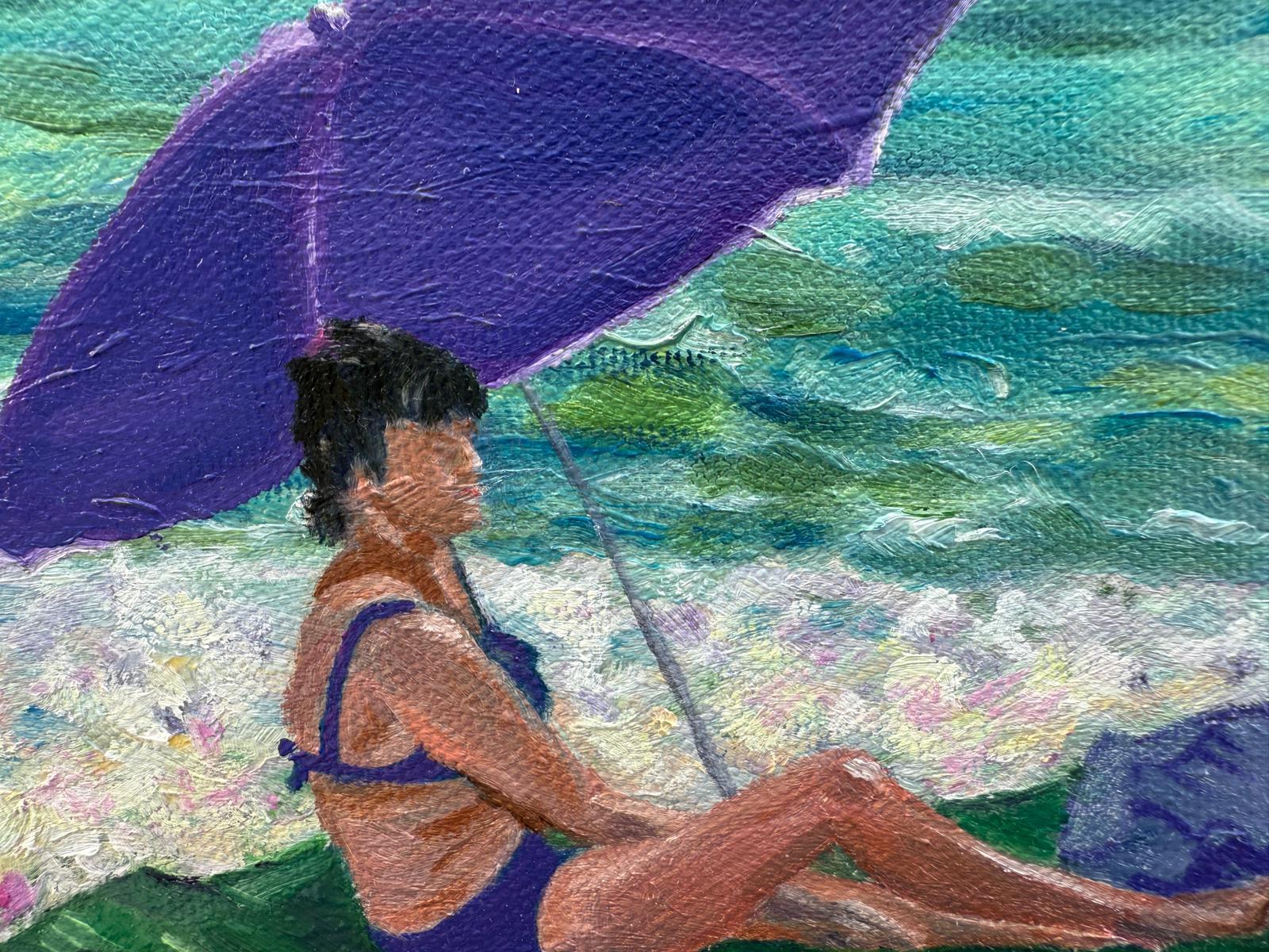 Scène de plage provençale turquoise et blanche à l'huile sur toile. Dame en Violet