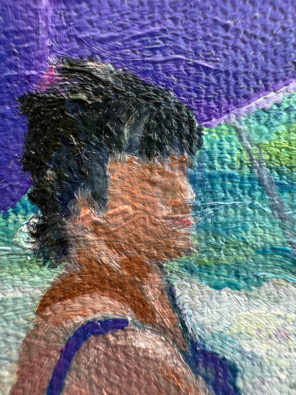 Scène de plage provençale turquoise et blanche à l'huile sur toile. Dame en Violet