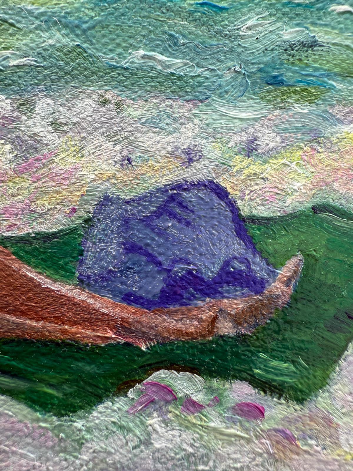 Scène de plage provençale turquoise et blanche à l'huile sur toile. Dame en Violet