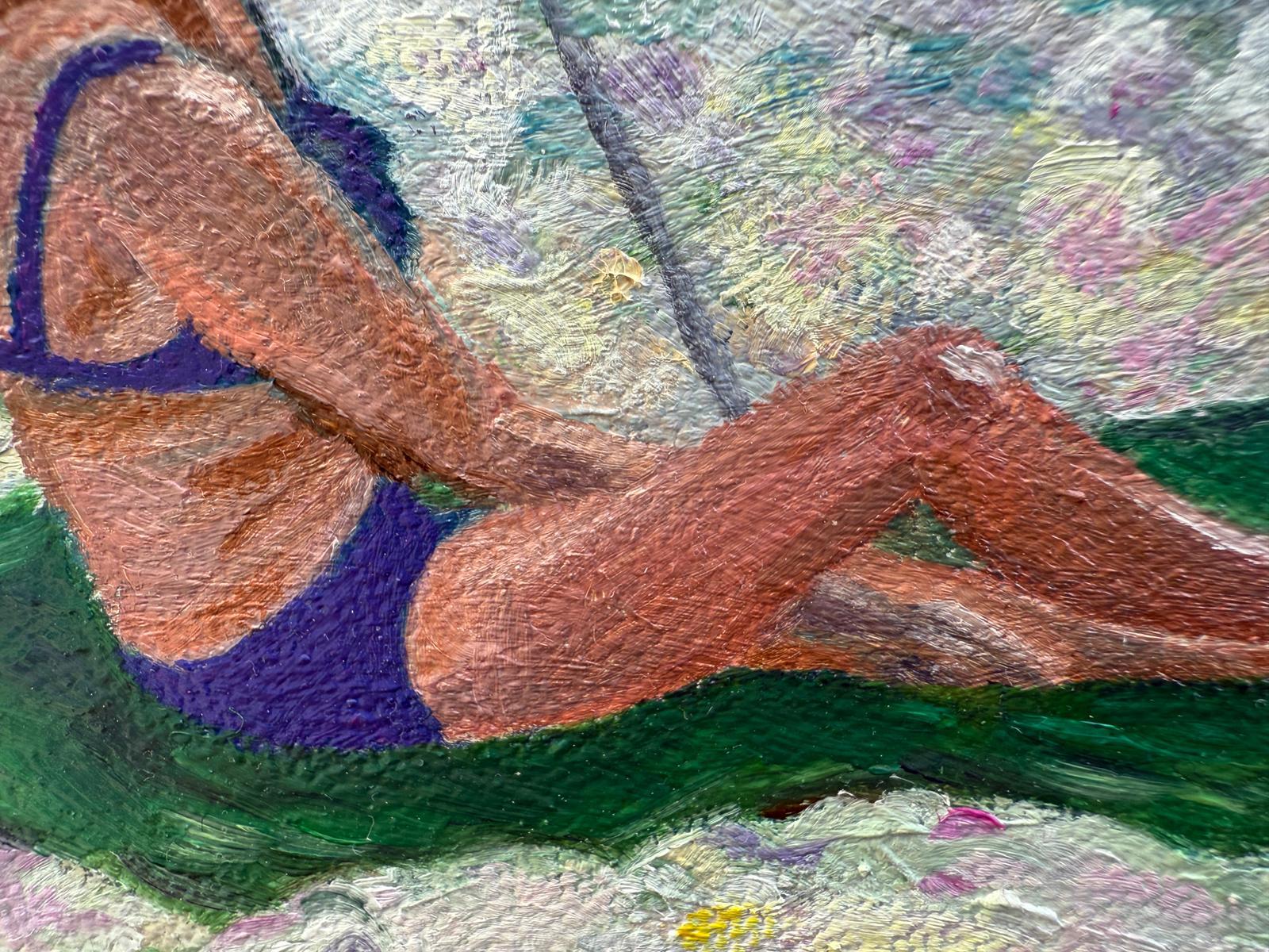 Scène de plage provençale turquoise et blanche à l'huile sur toile. Dame en Violet
