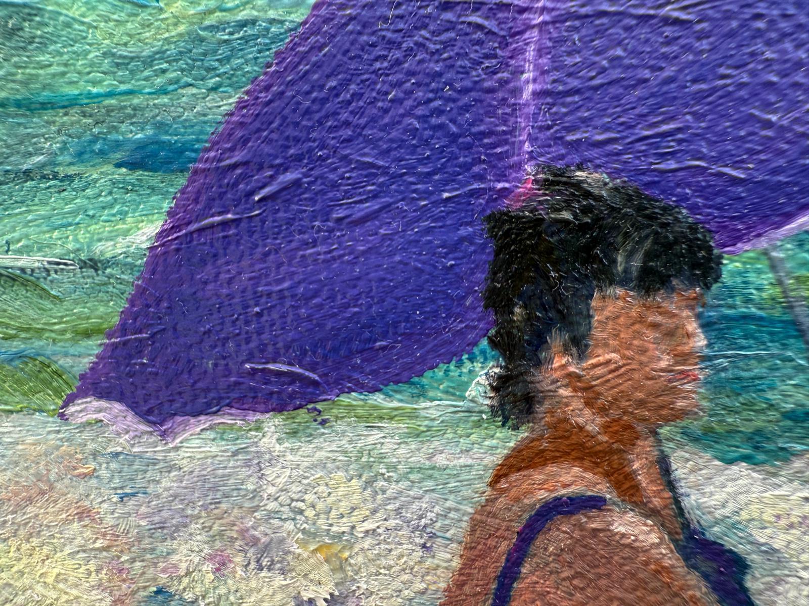 Scène de plage provençale turquoise et blanche à l'huile sur toile. Dame en Violet