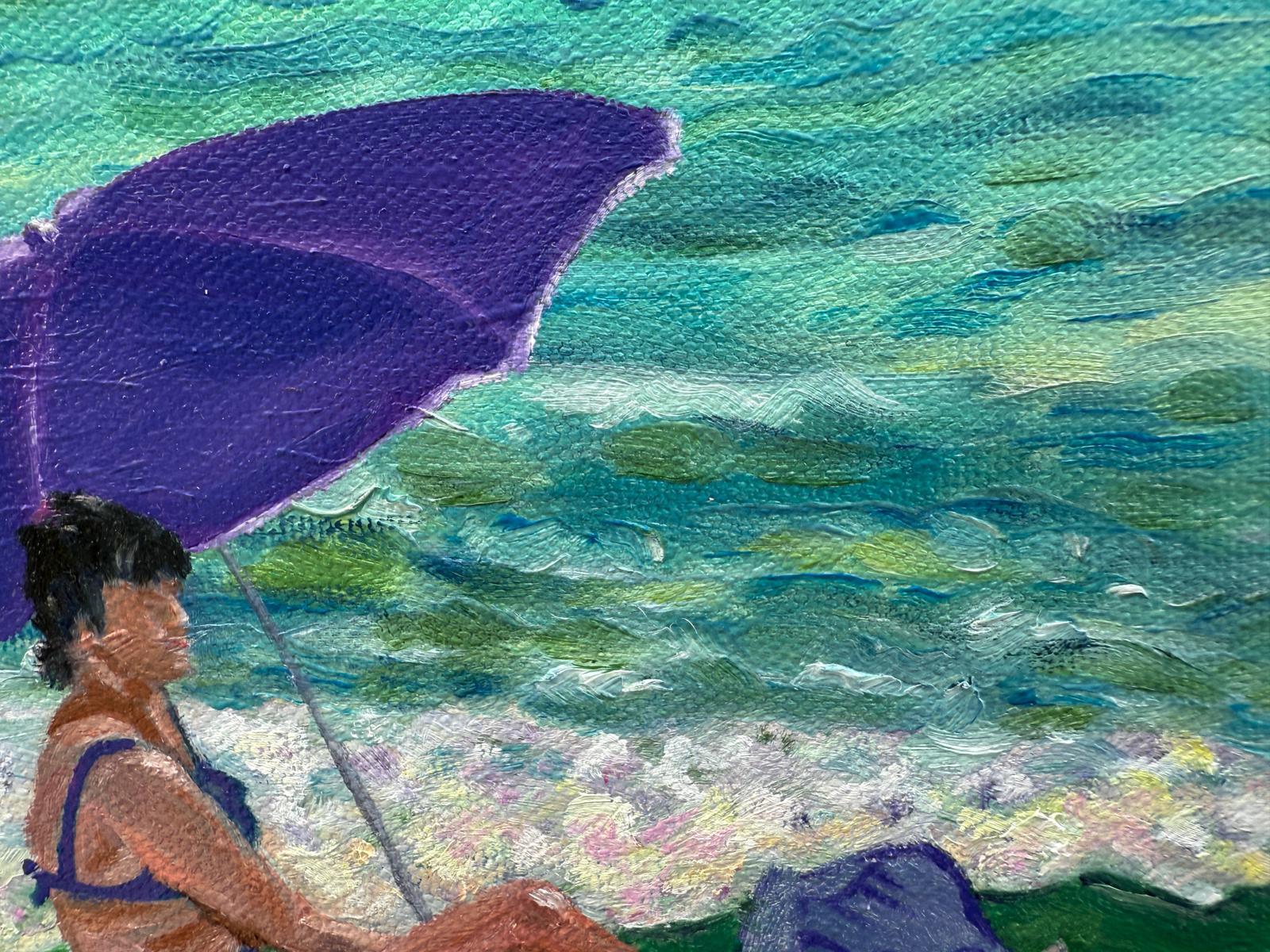 Scène de plage provençale turquoise et blanche à l'huile sur toile. Dame en Violet
