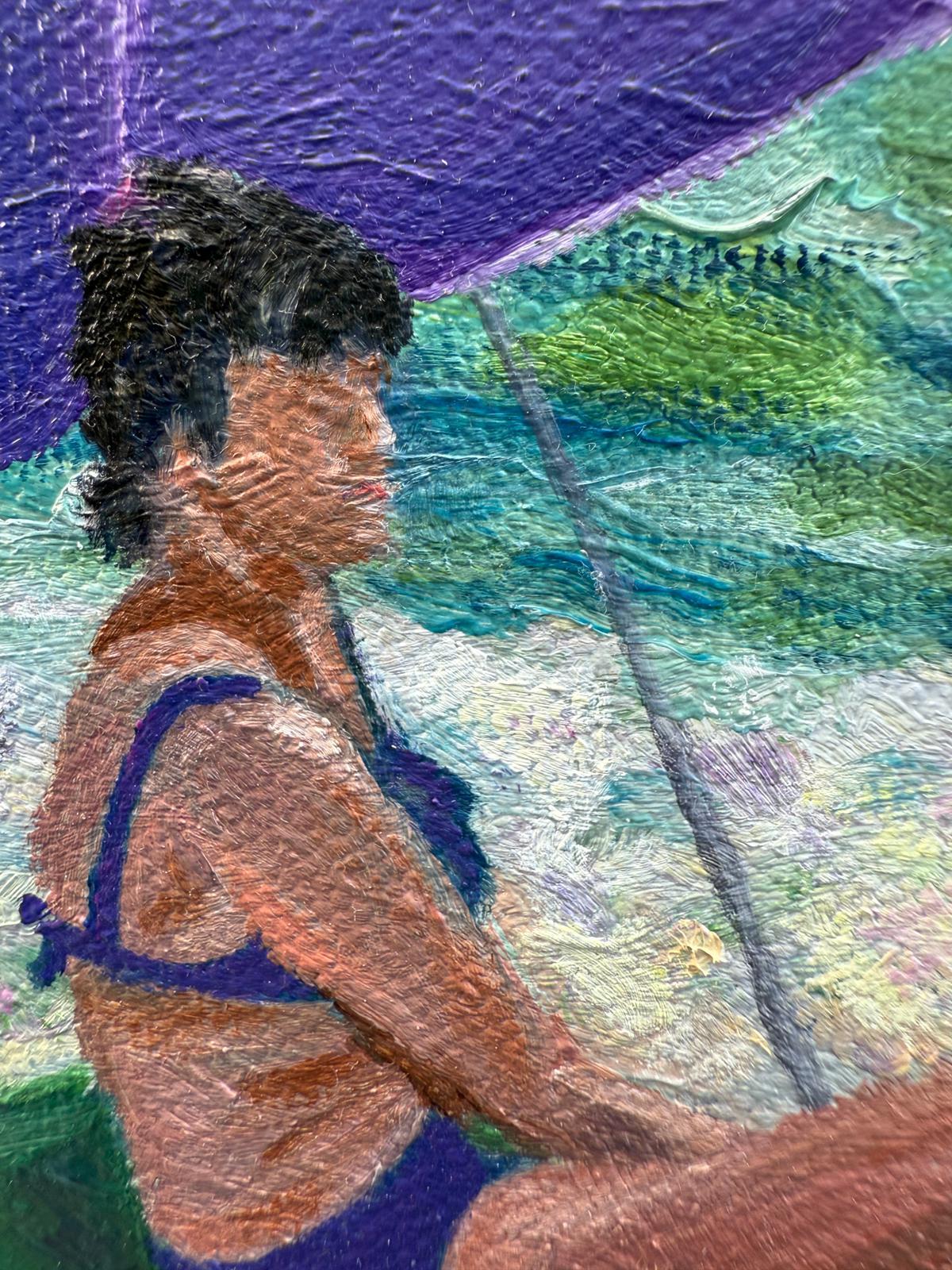 Scène de plage provençale turquoise et blanche à l'huile sur toile. Dame en Violet