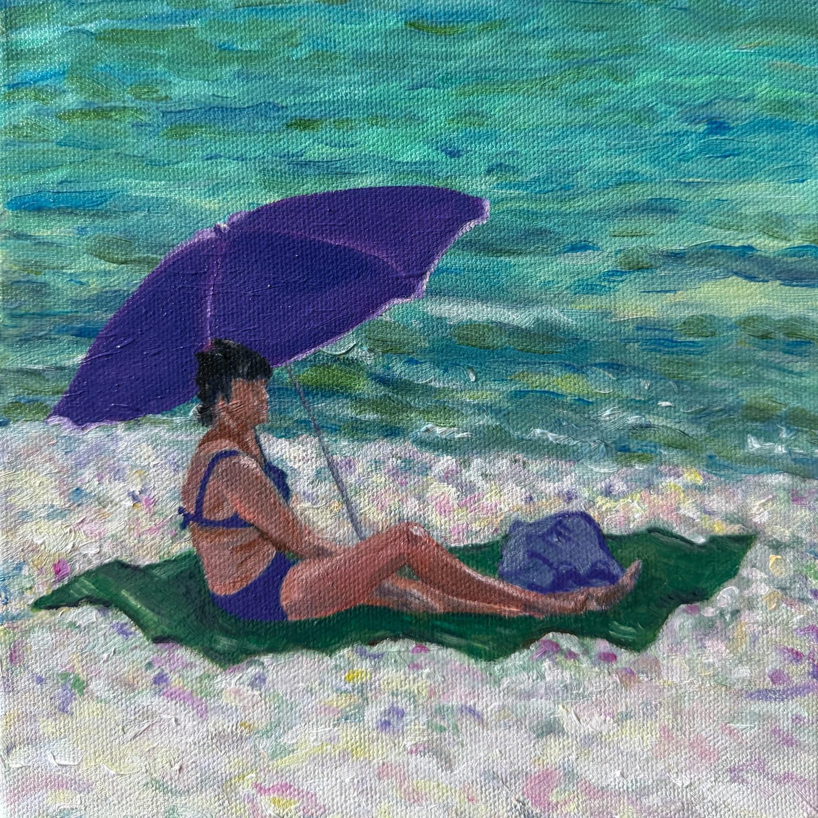 Figurative Painting Bernadette van Baarsen  - Scène de plage provençale turquoise et blanche à l'huile sur toile. Dame en Violet".