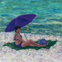 Escena de playa provenzal turquesa y blanca en óleo sobre lienzo. Dame en Violet'.