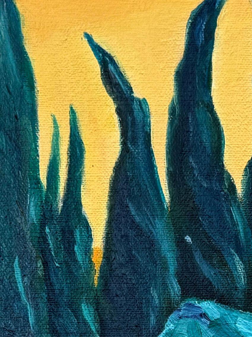 Zeitgenössisches expressionistisch-fauvistisches Öl auf Leinen mit einer provenzalischen Landschaft der niederländischen Künstlerin Bernadette Van Baarsen. Unten rechts signiert und in einem silbernen und schwarzen Rahmen präsentiert.

Dieses