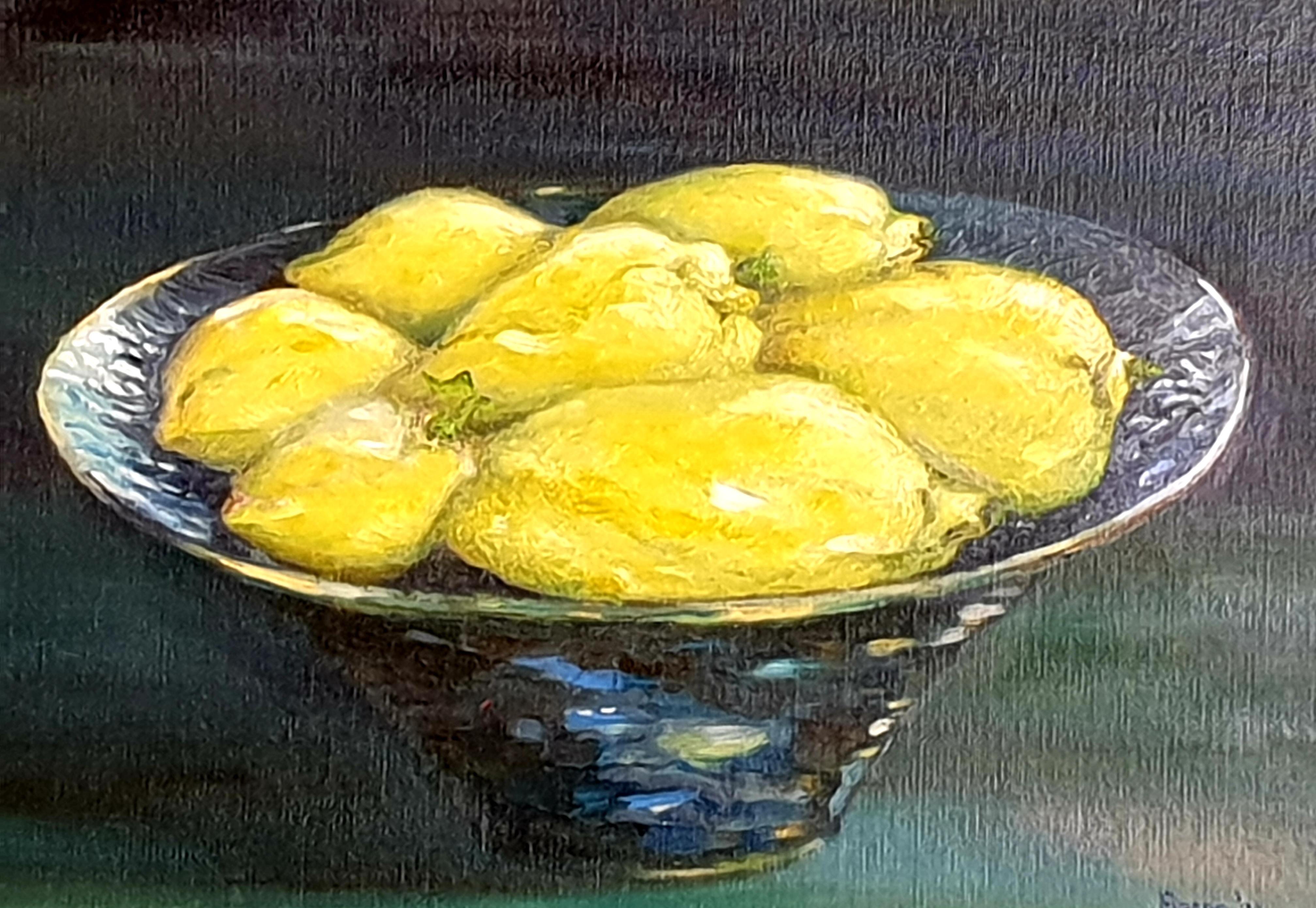 Contemporary Realist Still-Life Oil of Lemons. 'Citrons de Barbara'. - Painting by Bernadette van Baarsen