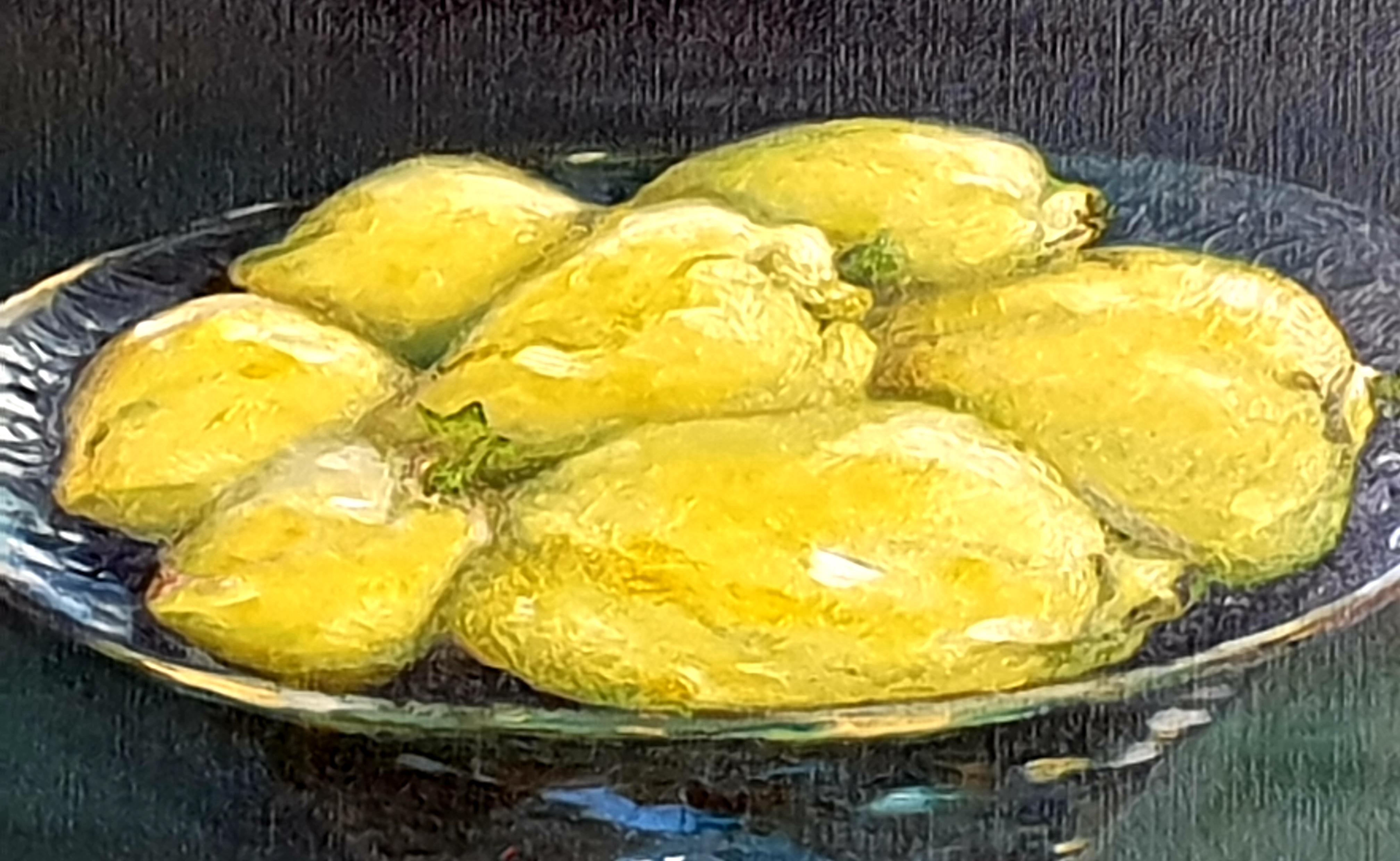 Contemporary realist still-life of lemons in a ceramic bowl. Oil on canvas on board by Dutch artist Bernadette Van Baarsen.  Signed and dated 21 to the bottom right and presented in a decorative gold painted wooden frame.

A super example of