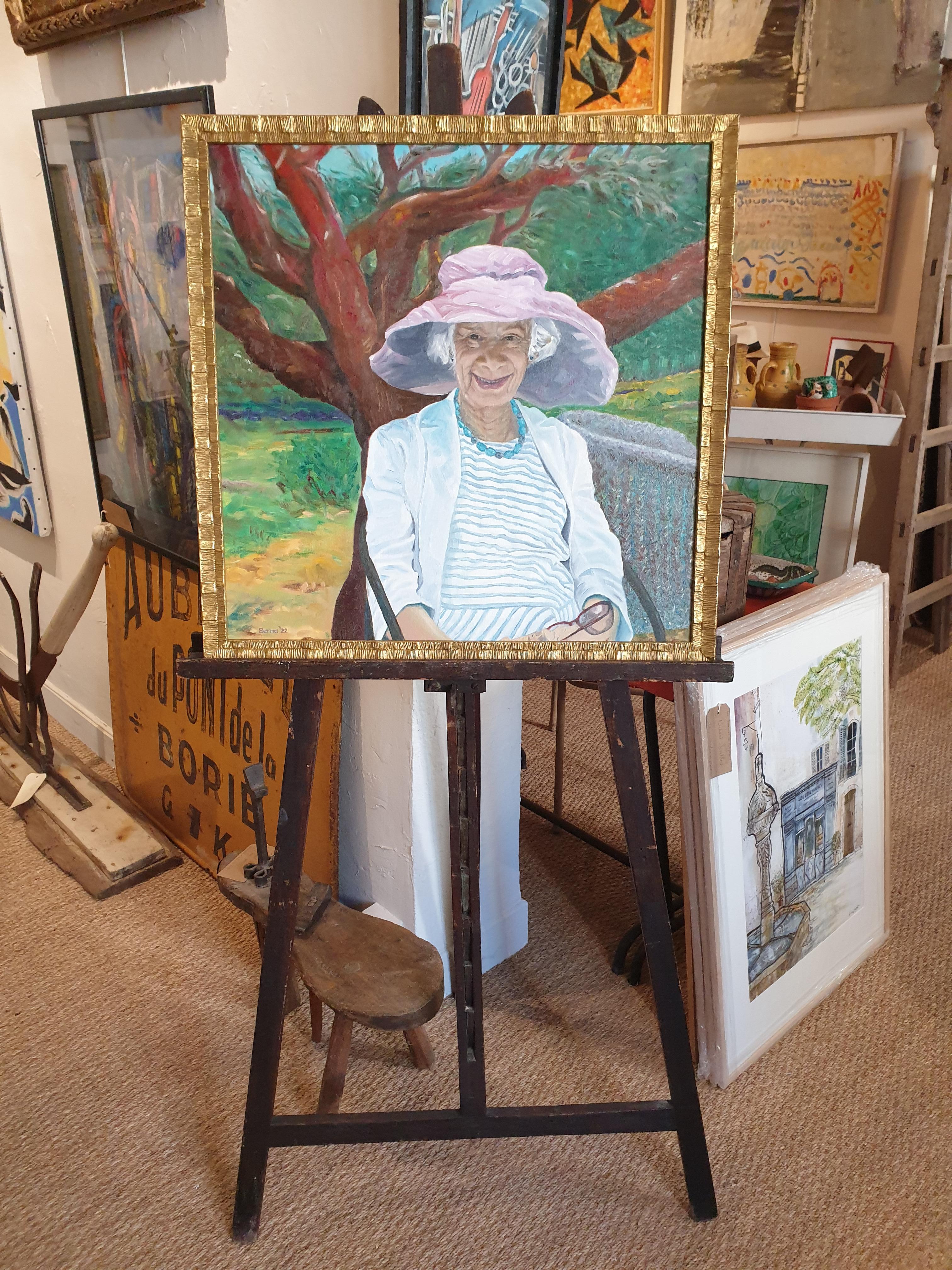 'Cora'. Ritratto contemporaneo a olio su tavola rivestita di lino. - Portrait Painting Marrone di Bernadette van Baarsen