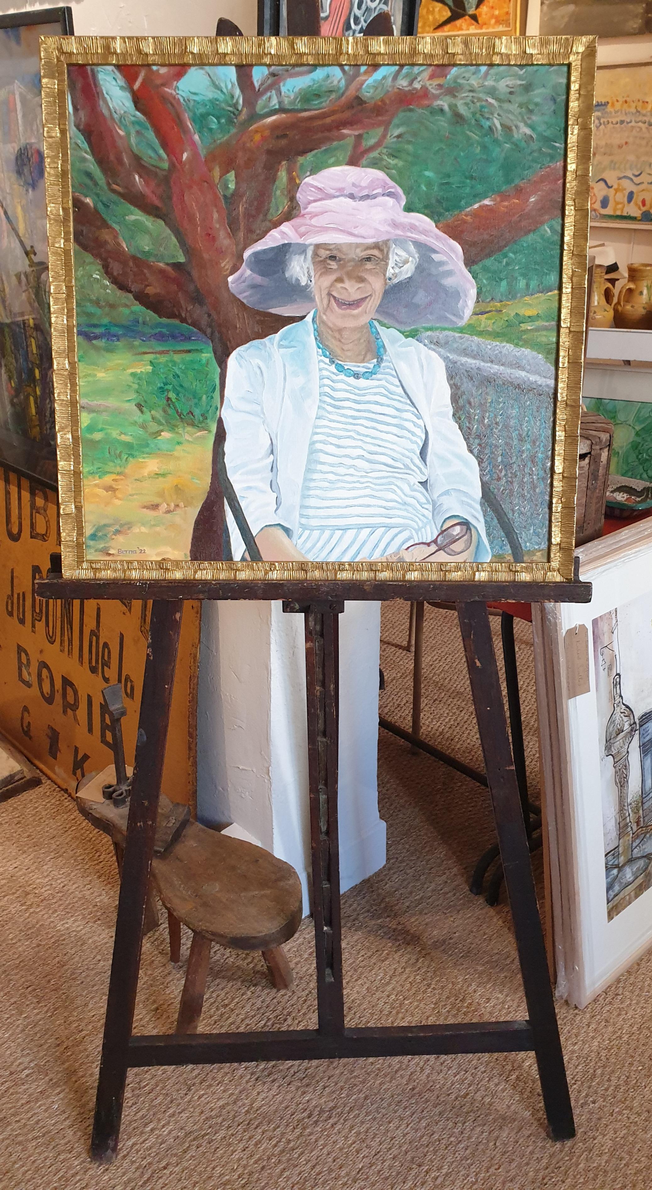 A contemporary oil on linen board portrait of Cora, part of a series of portraits: 'Portrait in Landscape' by the Dutch artist Bernadette 'Berna' Van Baarsen. The painting is signed bottom left, titled to the backboard and is presented in a modern