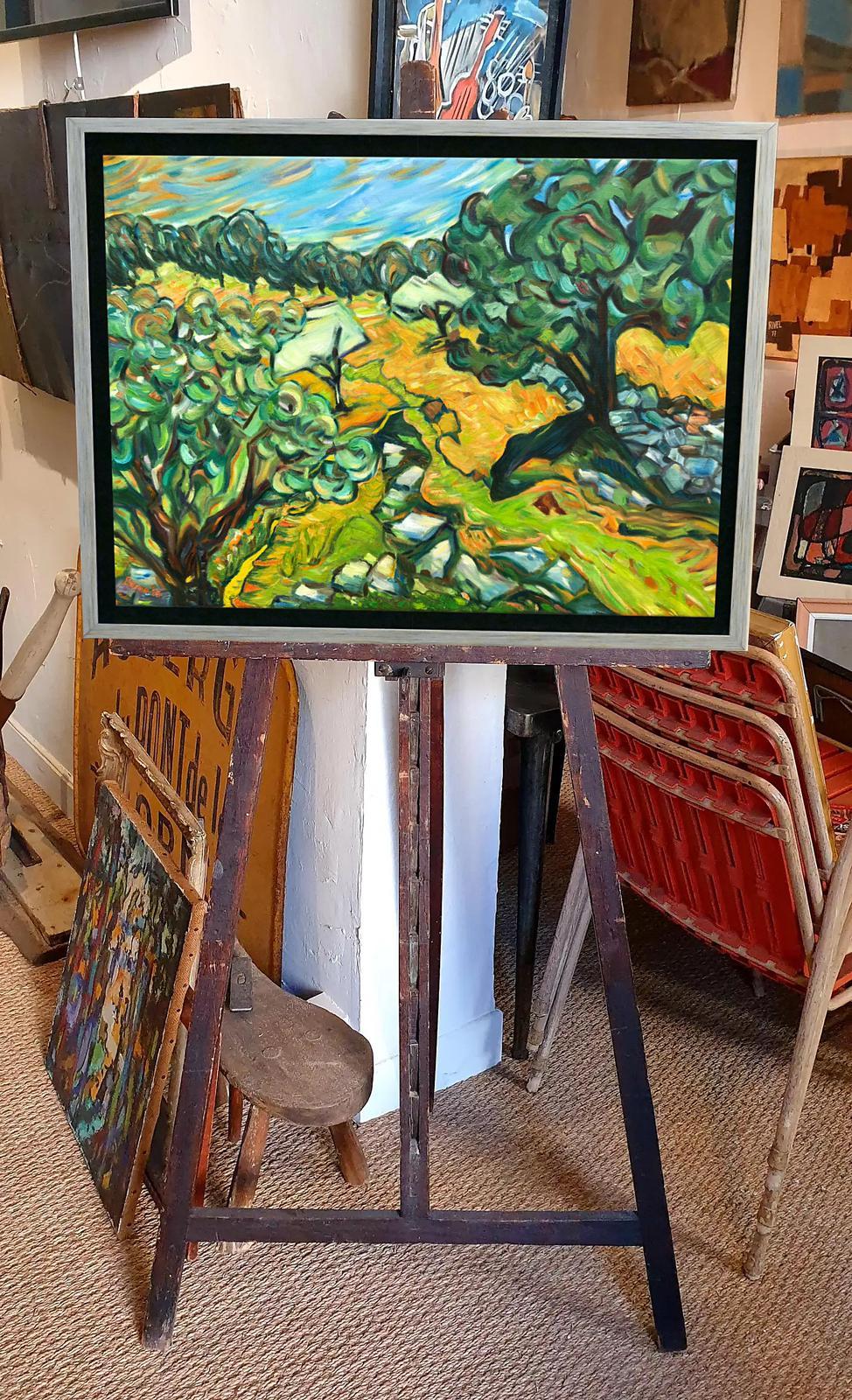 Acrílico expresionista abstracto contemporáneo sobre lienzo de un paisaje provenzal de la artista holandesa Bernadette Van Baarsen. Firmado y fechado en la parte inferior izquierda y presentado en un marco de bandeja plateado y negro hecho a medida.