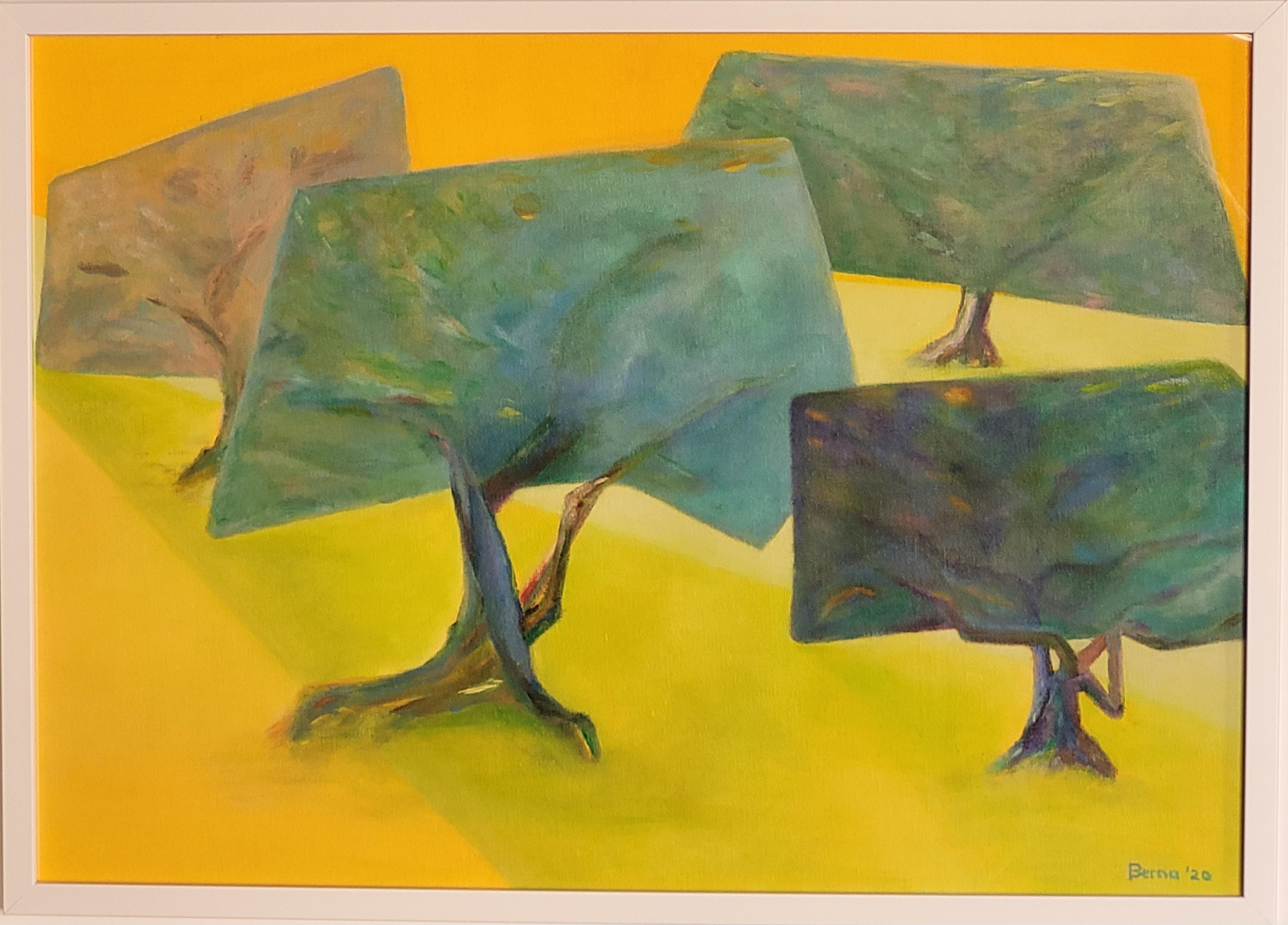 Las Cuatro Hermanas. Acrílico expresionista contemporáneo sobre lienzo de algodón. - Landscape Painting Marrón de Bernadette van Baarsen