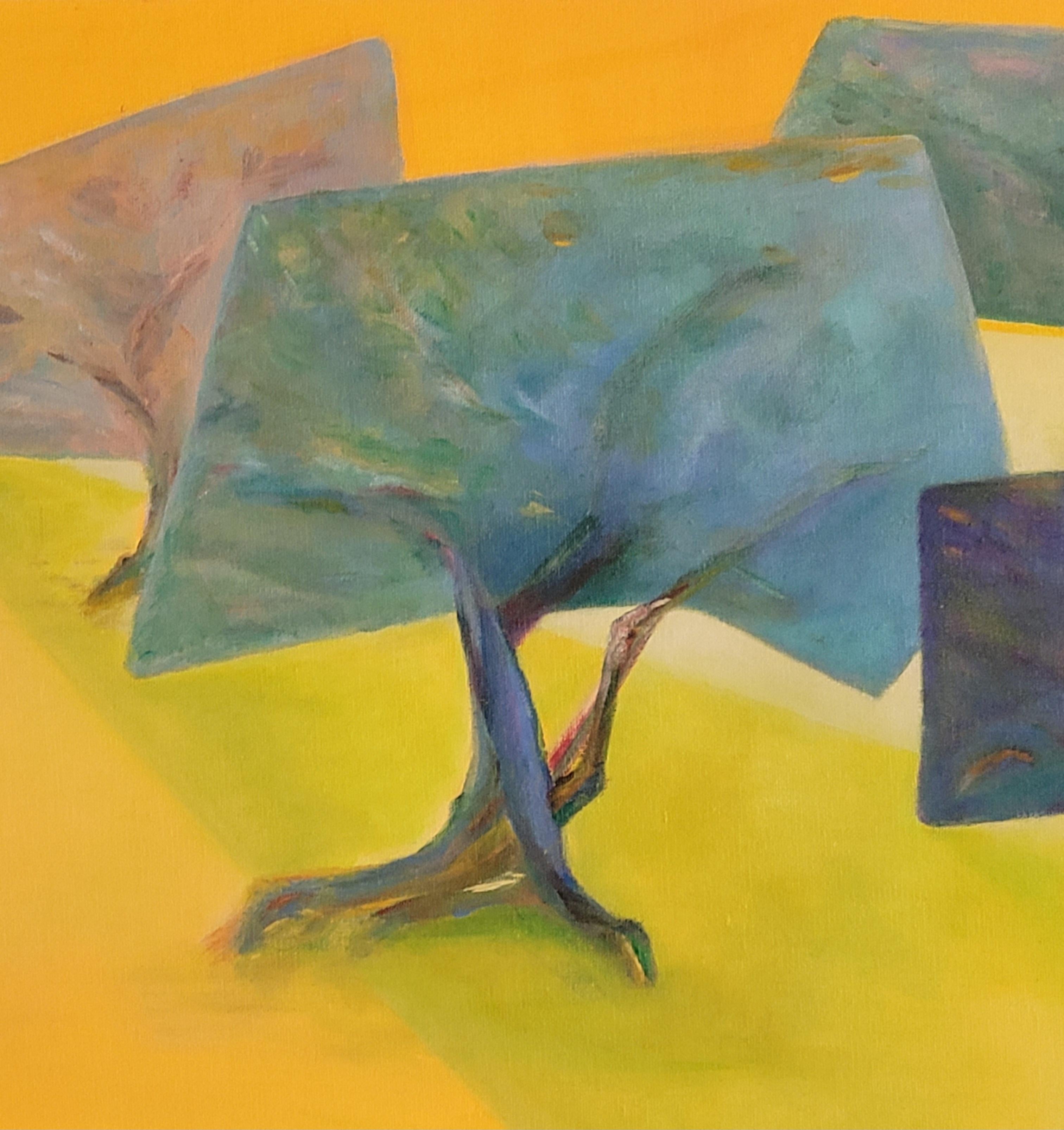 Acrílico expresionista contemporáneo sobre lienzo de una agrupación de olivos, 