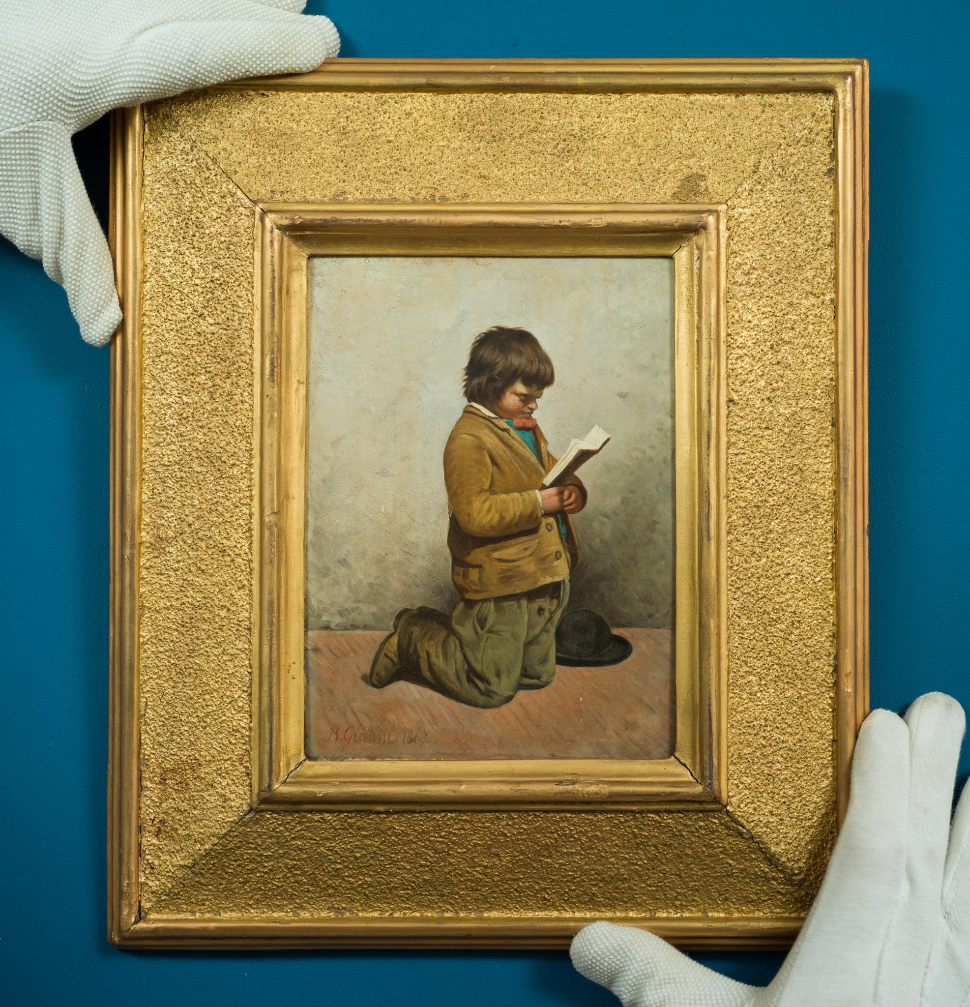 A Boy and His Book de l'artiste italien Bernadino Giani - Painting de Bernadino Giani 